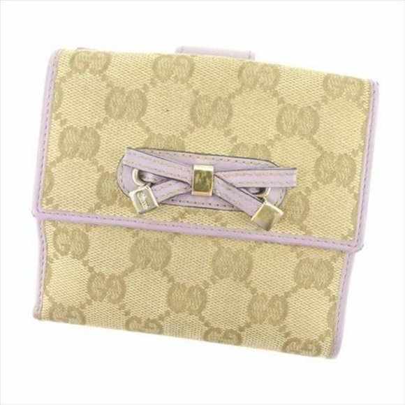 Auth Gucci Wallet Purse Folding G logos Beige Purple Canvas Leather Woman - Picture 1 of 8